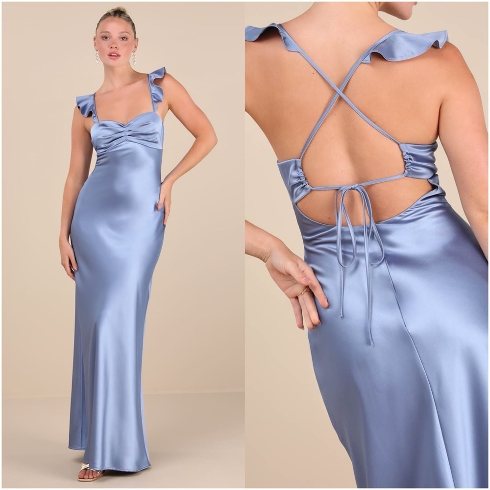 LULU’S Exuberant Luxury Periwinkle Satin Ruffled Lace-Up Maxi Dress